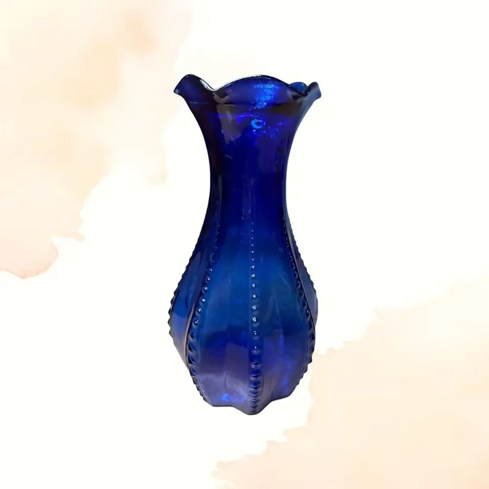 Vintage Indiana Glass Cobalt Blue Beaded Panel Bud Vase Ruffled Rim MCM